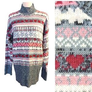 VTG Pink Grey Striped Acrylic Mohair Cabincore Mock Tunic Sweater Small